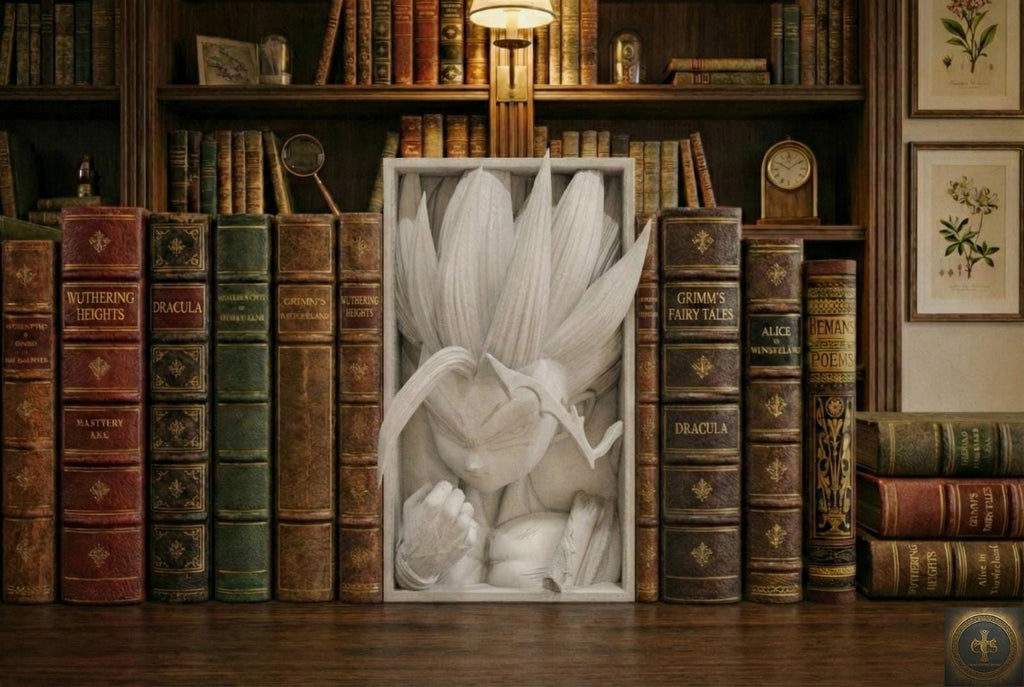 Awakened Young Warrior Book Nook | Classic Shonen 3D Shadow Box | Golden Aura 3D Wall Art