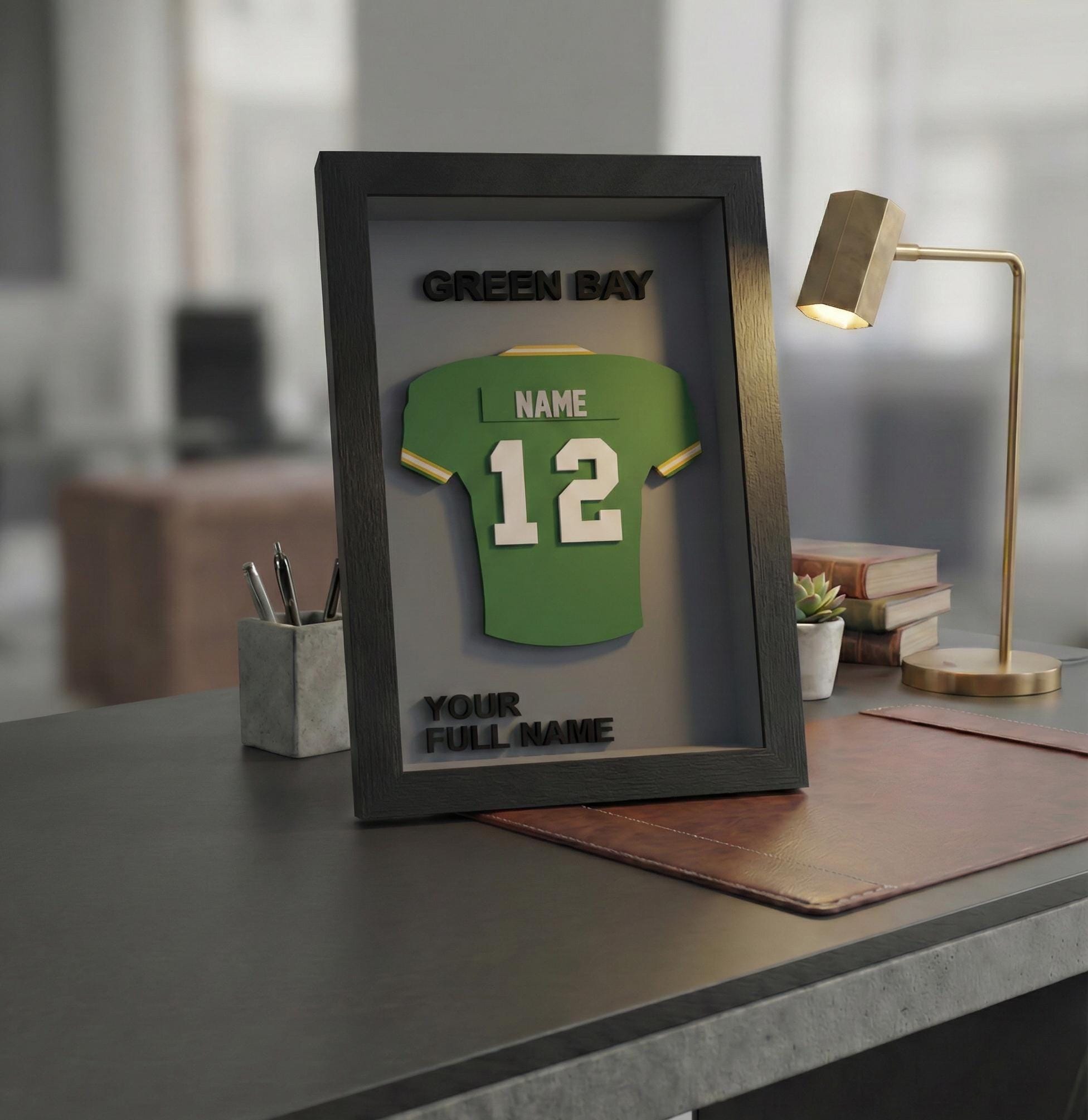 Personalized Green Bay Football Frame | Custom Name & Number Jersey Display | Wisconsin Sports Room 3D Wall Art