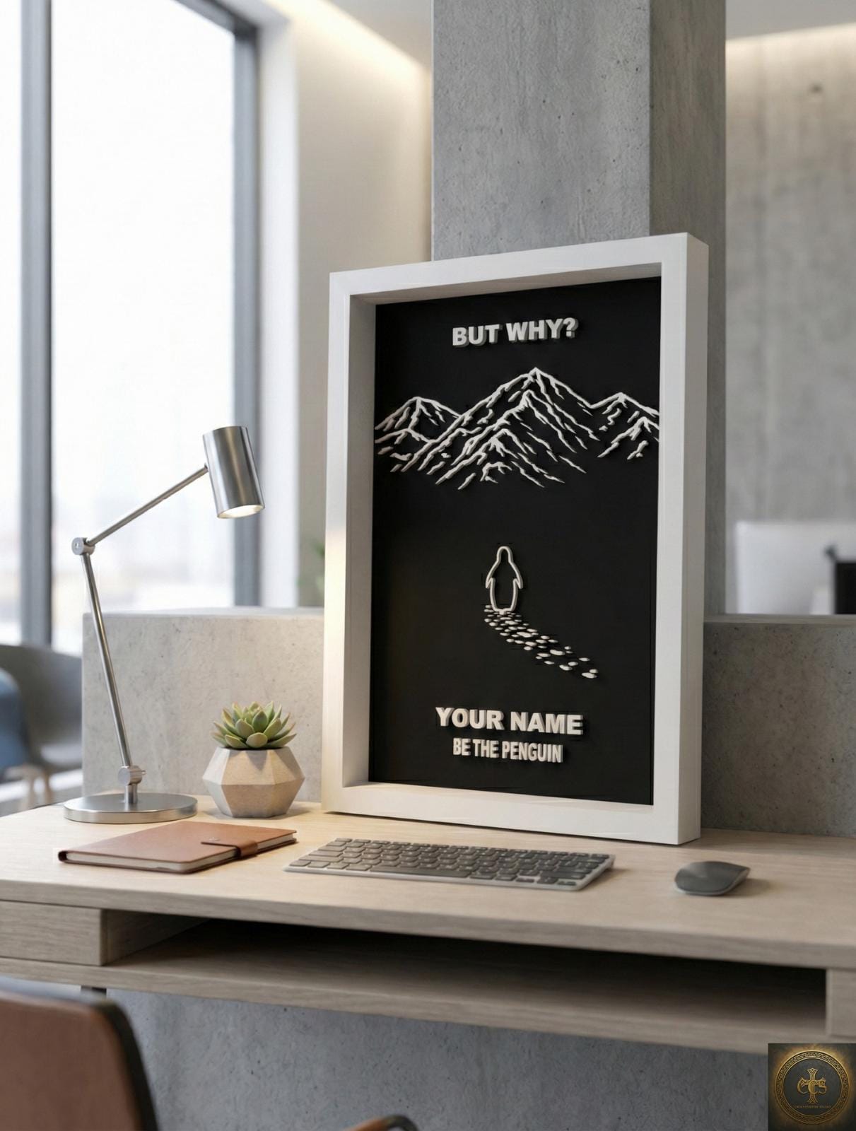 Custom "But Why" Penguin Frame | Viral Penguin Walking Into Mountains Art | "Be The Penguin" Personalized 3D Decor | Motivational Meme Gift