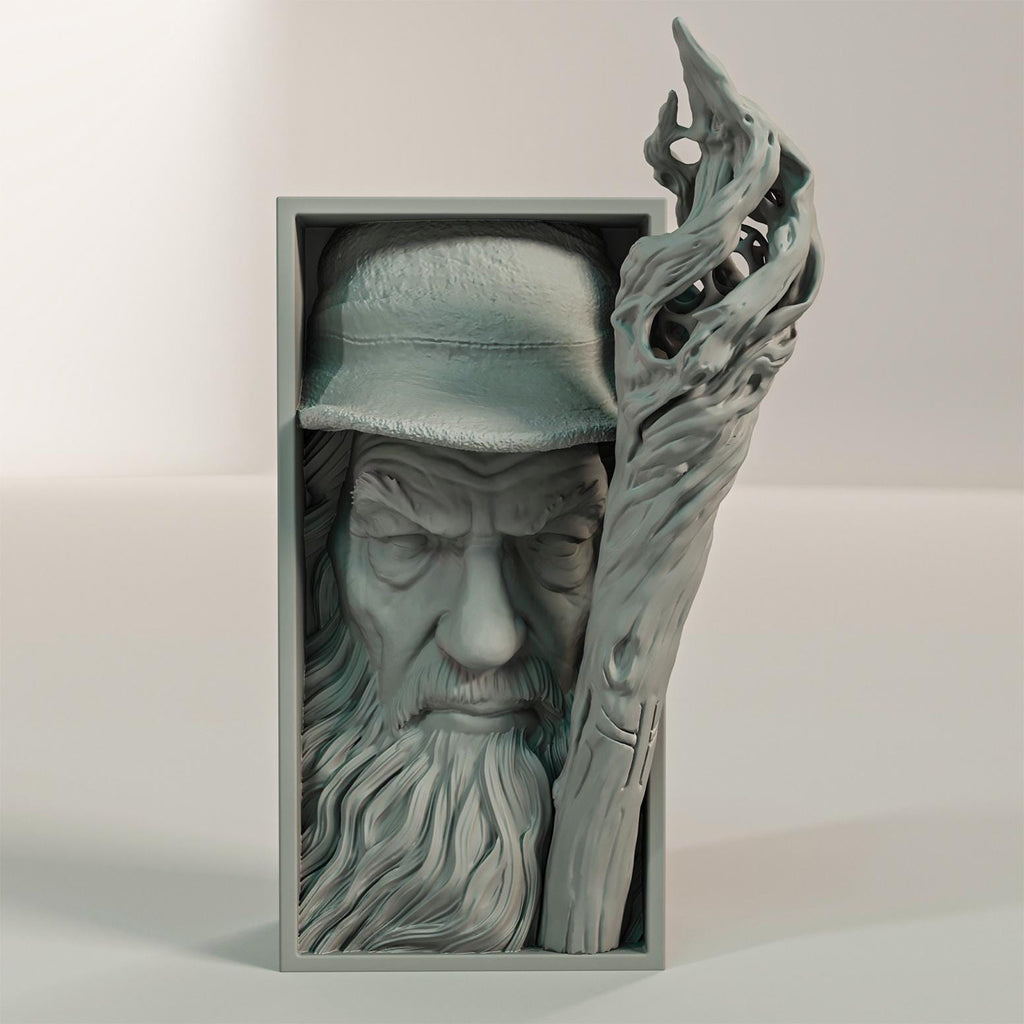Grey Wizard Book Nook | High Fantasy 3D Shadow Box | Magic Staff 3D Wall Art