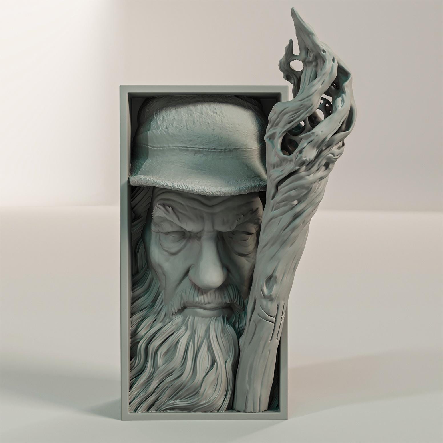 Grey Wizard Book Nook | High Fantasy 3D Shadow Box | Magic Staff 3D Wall Art