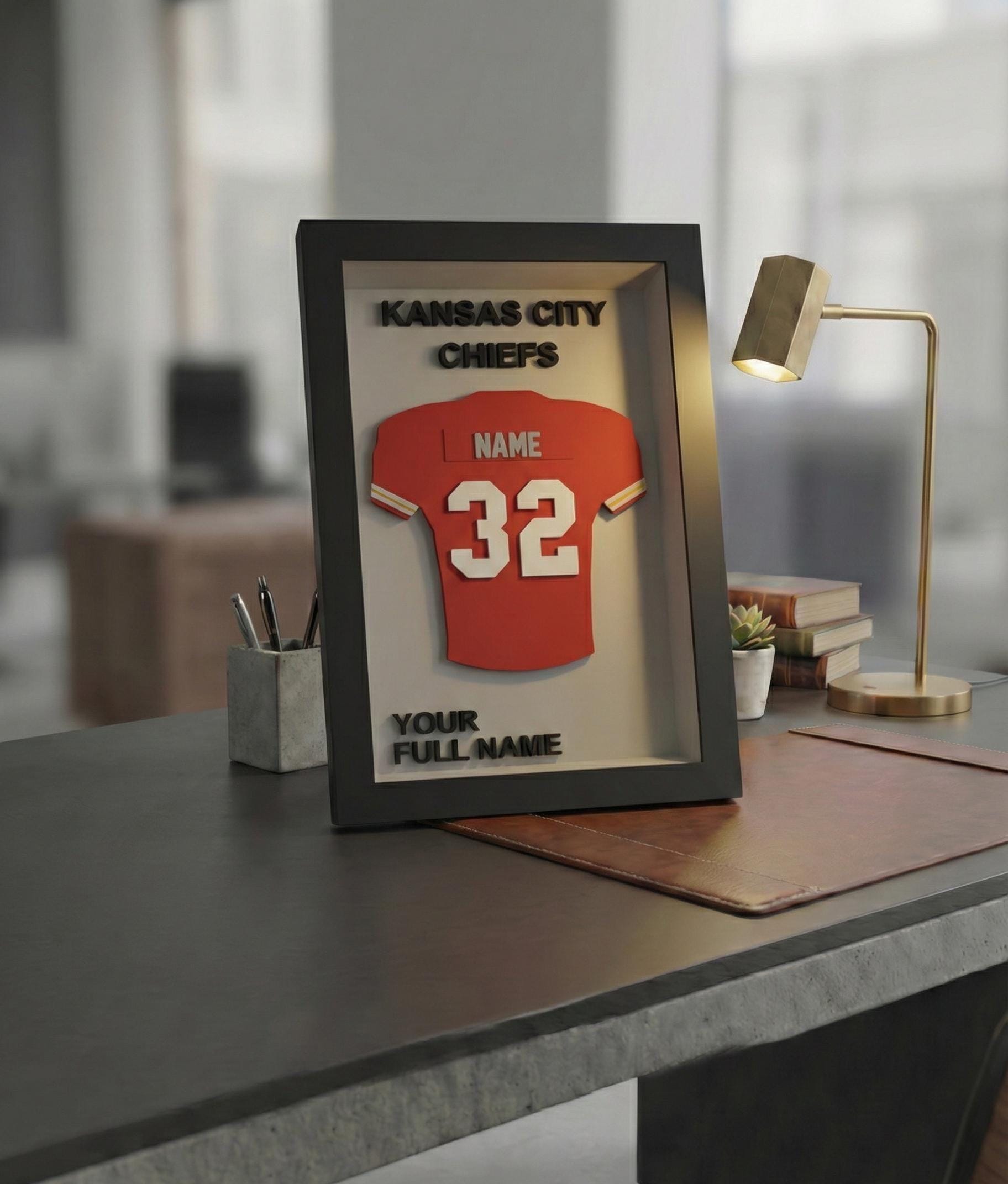 Personalized Kansas City Football Frame | Custom Name & Number Jersey Display | Missouri Sports Room 3D Wall Art