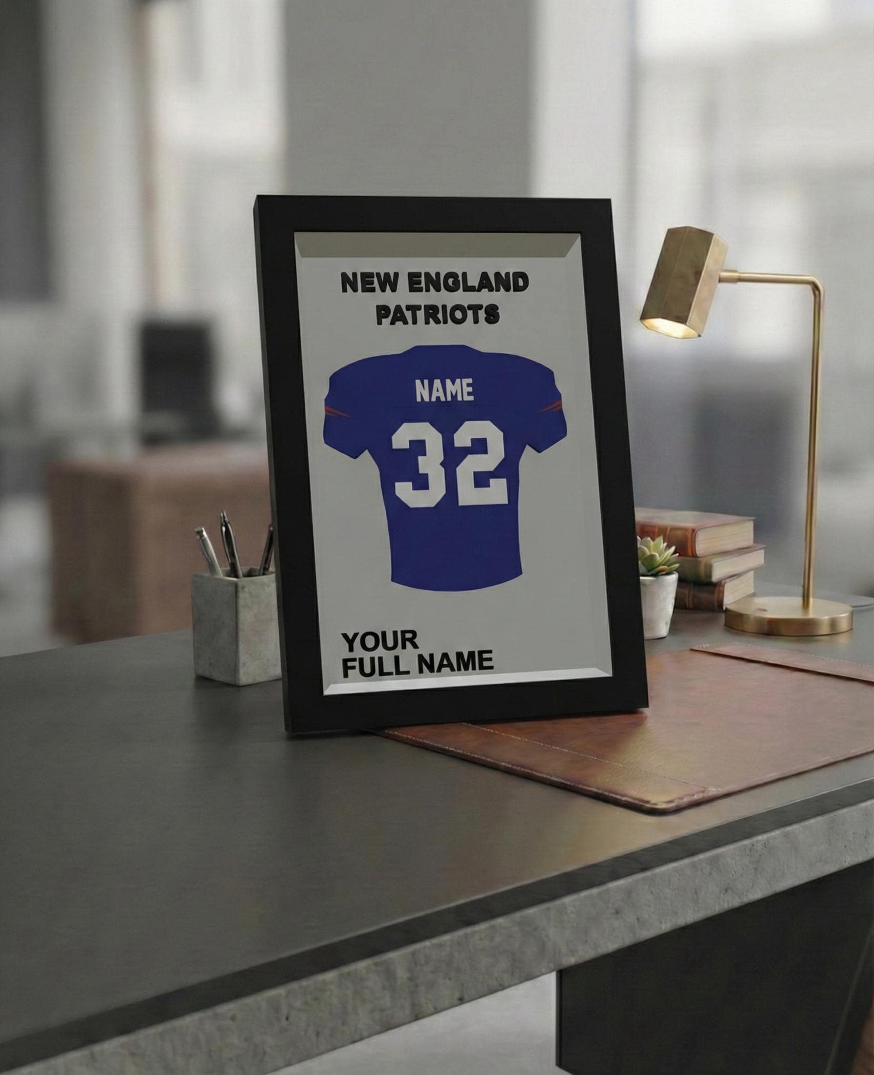 Personalized New England Football Frame | Custom Name & Number Jersey Display | Massachusetts Sports Room 3D Wall Art
