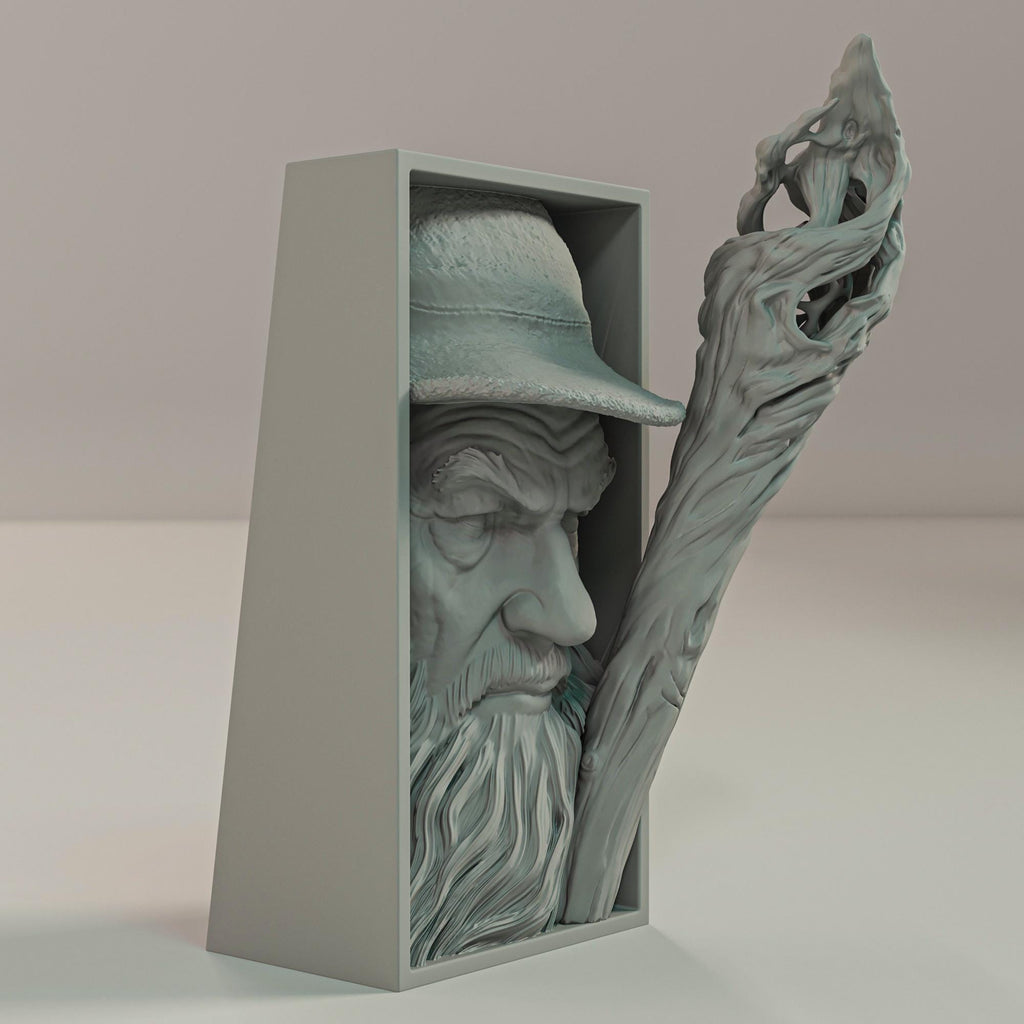 Grey Wizard Book Nook | High Fantasy 3D Shadow Box | Magic Staff 3D Wall Art