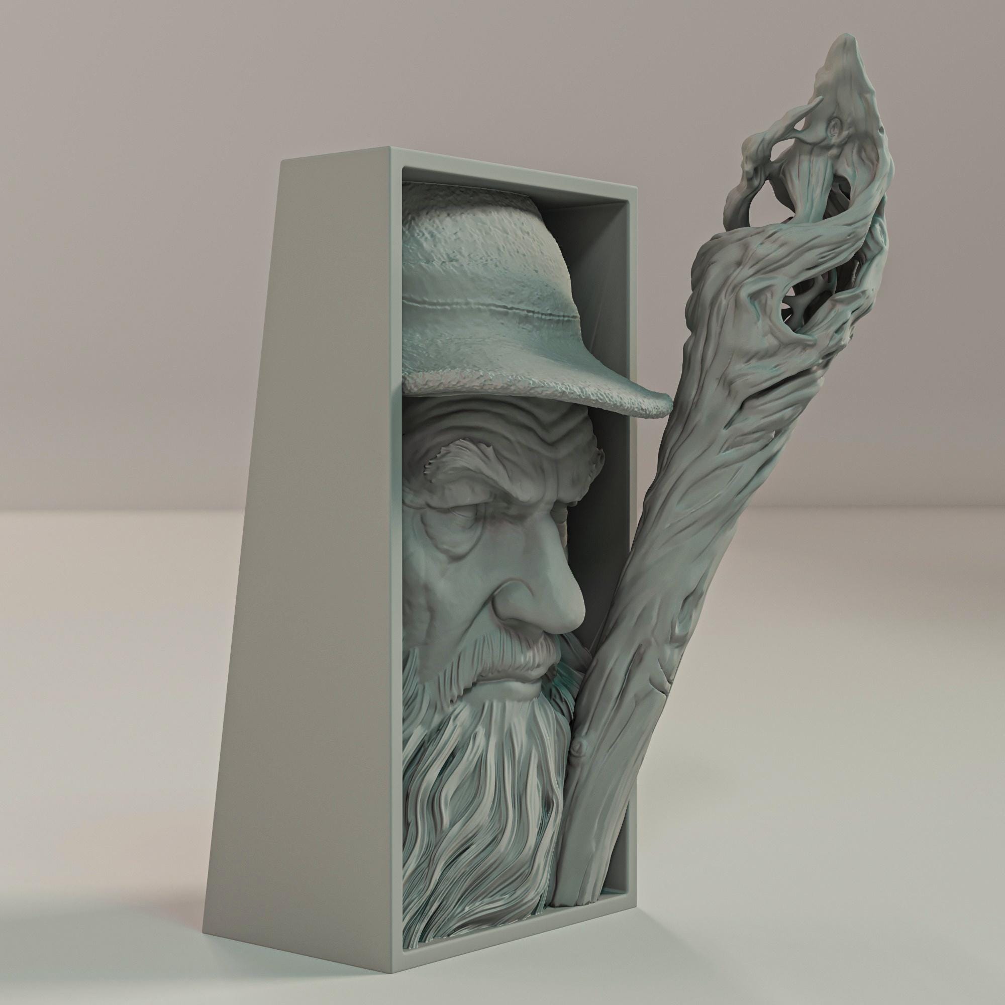 Grey Wizard Book Nook | High Fantasy 3D Shadow Box | Magic Staff 3D Wall Art