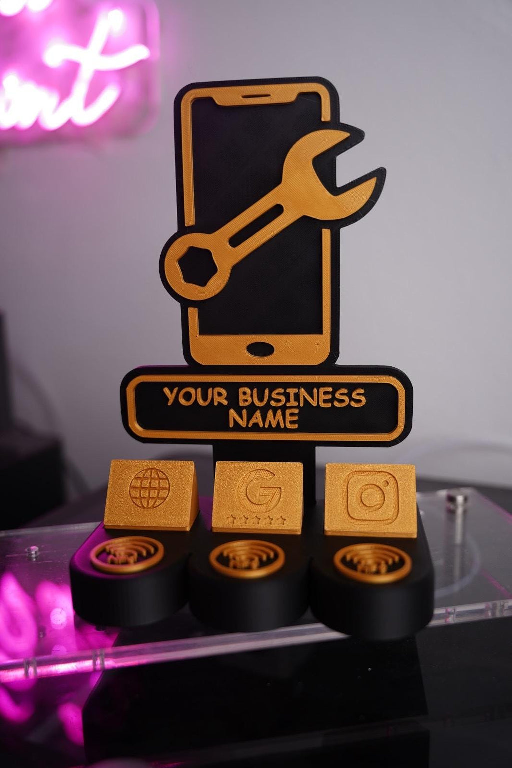 Custom NFC Social Media Stand | Tap to Follow & Review Sign | Instagram Google Facebook WiFi | 3D Printed Business Counter Display | QR Code