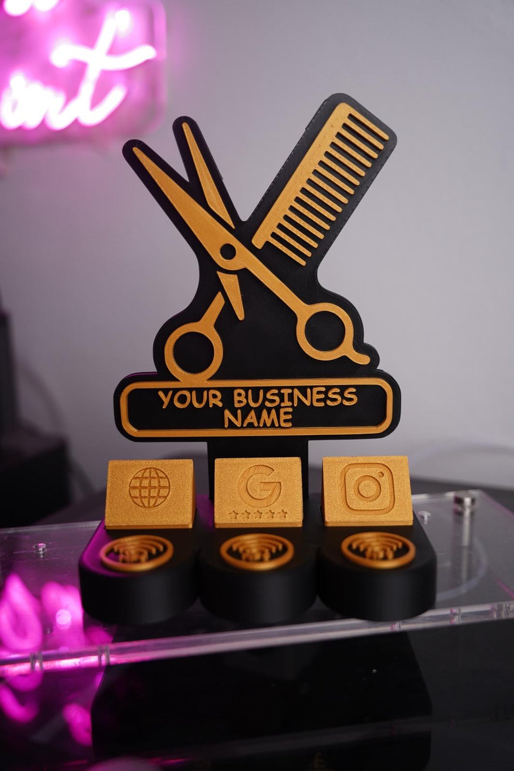 Custom NFC Social Media Stand | Tap to Follow & Review Sign | Instagram Google Facebook WiFi | 3D Printed Business Counter Display | QR Code